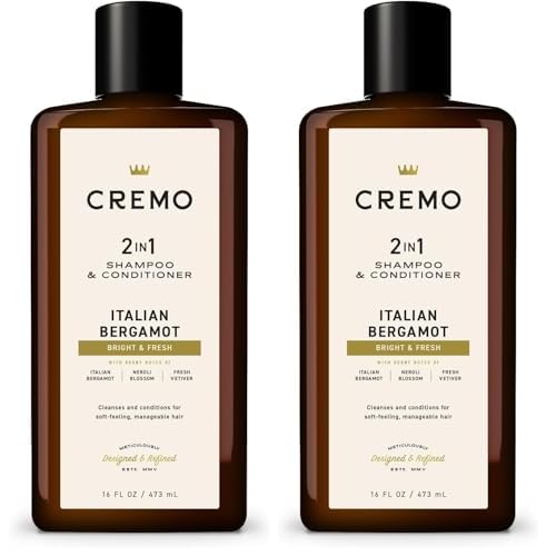 Cremo Italian Bergamot 2 in 1 Shampoo & Conditioner for Men,Notes of Italian Bergamot,Neroli Blossom,and Fresh Vetiver,16 Fl Oz,(Pack of 2)