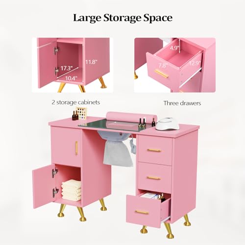 OmySalon Manicure Table with Glass Top & Dust Collector, Pink