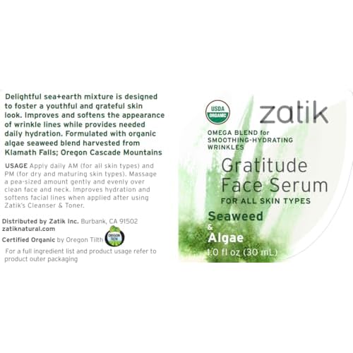 Zatik Naturals - Gratitude Face Serum with Seaweed and Algae, USDA Organic, Vegan, Non GMO Gluten Free, Soy Free, Alcohol Free, pH Balanced, Biodegradable, 1.0 fl oz, 30ml