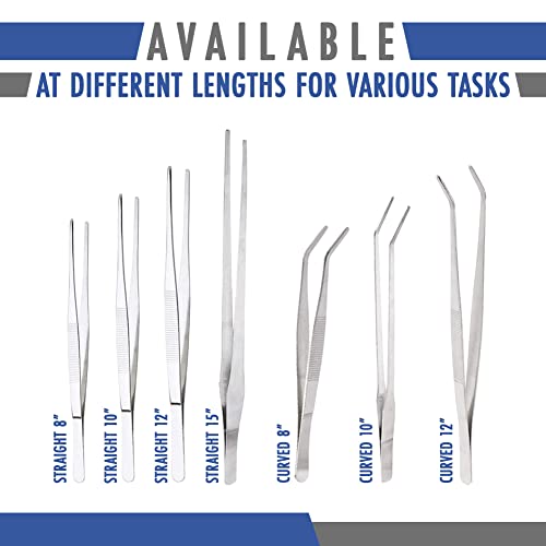 Stainless Steel Tweezers Straight Tip 10 inch, Durable Lightweight Garden Feeding Aquatic Plants Forceps Tongs with Comfortable Ridged Long Handle for Crafting Cooking Aquariums Repairing All-Purpose