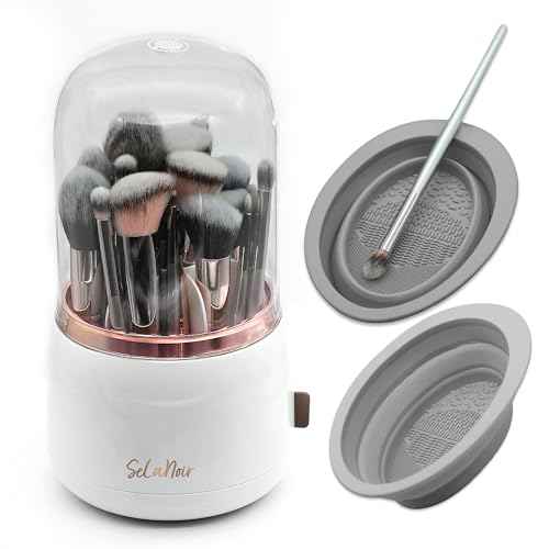 Rotating Makeup Brush Holder with Lid ? Dustproof Vanity Organizer for Makeup Brushes, Bonus Foldable Makeup Brush Cleaner Bowl Included, Elegant White Storage Solution