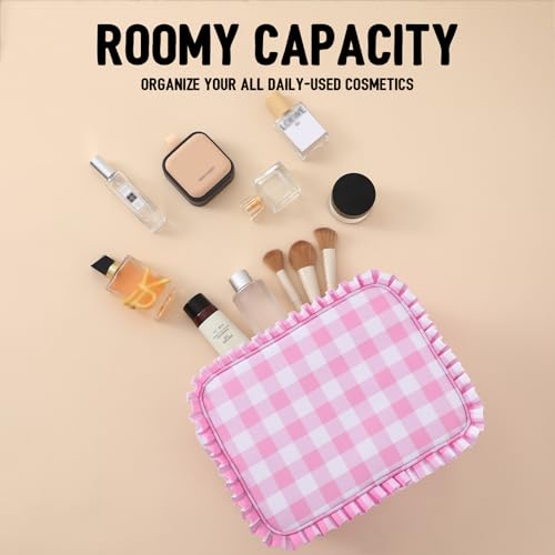 Gingham Ruffle Makeup Bag,Large Travel Cute Cosmetic Bag for Women Girls,Toiletry Bag Make up Organizer 10.8 x 4.5 x 8 inch (Pink Gingham)