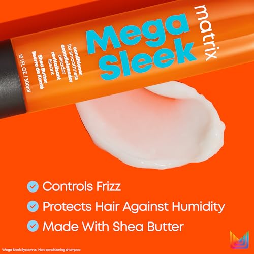 Matrix Mega Sleek Conditioner - Smoothing and Detangling, For Dry, Damaged & Frizzy Hair, Salon Professional Conditioner, With Shea Butter, Vegan