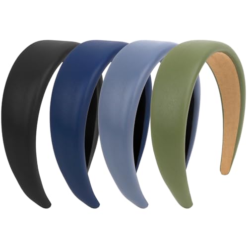 YISSION 4Pcs Padded Headbands for Women Girls Non Slip Leather Headband Wide Head Band Fashion Headbands Solid Hairband Blue Green Black Headband Hair Accessories for Women