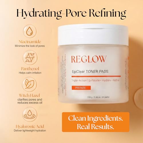 ReGlow EpiClear Toner Pads ? Exfoliating Facial Pads with PHA, AHA, BHA & Niacinamide ? Pore Refining, Hydrating & Resurfacing Daily Peel ? Clinic-Inspired Skincare for Smooth Texture