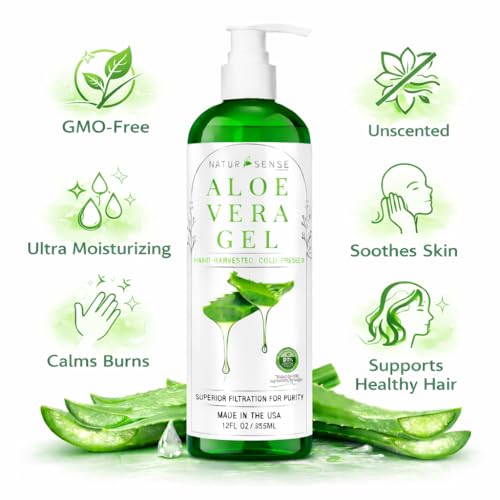 NTRSNS NaturSense 99% Organic Aloe Vera Gel. Deep Hydration, Effective Moisturizing. For Hair, Scalp, Face, Dry Winter Skin, Acne, Sunburn, Sensitive Skin, Shaving. Unscented, 12 oz.