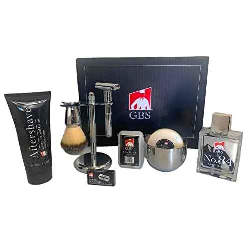 G.B.S Shaving Set, Adjustable Razor Lavender Aftershave Cologne Convenient Badger Brush Stand Bowl, Soap Alum Block and Lavender Durable