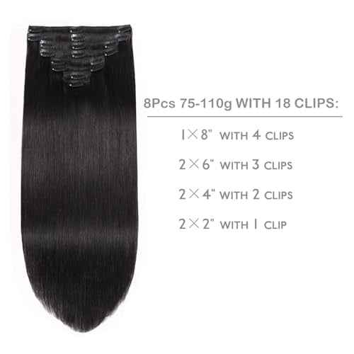 Clips in Hair Extensions Human Hair AILICEEHR Seamless Human Hair Clips in Hair Extensions Natural Black 90g 18inch 8pcs Double Weft Thick Straight.