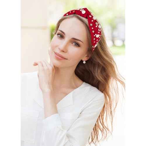 Red Headband for Women Pearl Knotted Headband Sparkly Rhinestone Pearls Top Knotted Headbands Womens Fashion Hair Accessories Cute Hair Bands