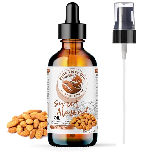 Bella Terra Oils - Organic Sweet Almond Oil 4oz - A Symphony of Vitamin E & Oleic Acid, Pure Cold-Pressed Essence, Luxe Touch for Skin