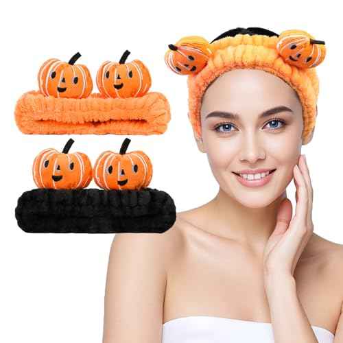 Spa Headband for Washing Face, 2 Pack Cute Halloween Hair Band for Shower Yoga Beauty, Fluffy Makeup Headband, Kawaii Facial Headbands for Woman Girls, Orange+Black Pumpkin