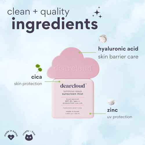 dearcloud Luminous Aqua Sun Mist SPF 30 ? Cica & Hyaluronic Acid ? Korean Sunscreen ? Spray Sunscreen for Face & Body (3.38 Fl oz)