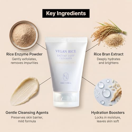 LICORNE Vegan Rice Enzyme Purifying Cleanser (3.38 fl oz) - Exfoliating Face Wash for Pores & Blackheads - Korean Rice Water Foam Cleanser - Deep Pore Purifying & Makeup Remover for Radiant Glow