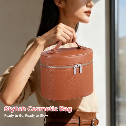 Makeup Vanity Bag for Women - Large Capacity Cosmetic Organizer with Removable Liner, Waterproof PU Leather Skincare Bag, Portable Chic Cosmetic Make Up Case for Skincare, Brushes, Accessories, Brown