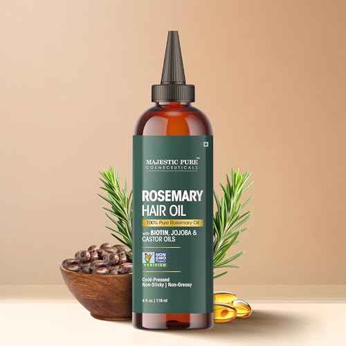 Majestic Pure 100% Pure Rosemary Oil for Hair Growth - Strengthening, Nourishing, Volumizing - Infused with Biotin Oil, Jojoba Oil & Castor Oil - Non GMO Verified - 4 Fl Oz - With Applicator