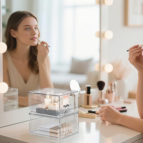 Delamu 8 Pack Stackable Storage Drawers, Makeup Skincare Holder Vanity Storage Organizer, Plastic Drawers For Vanity Desk, Undersink, Kitchen Cabinet, Pantry, Clear, Ideal Christmas Gifts for Girls