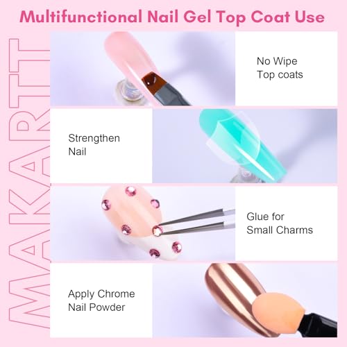 Makartt 2 Pcs Extra Strong Base Coat & Hard Gel Top Coat for Gel Polish with Nail Art Brush, 3-in-1 Long-Lasting Base Coat Nail Gule for Press on Nails Charms Glossy Finish Top Coat for Salon Home Use