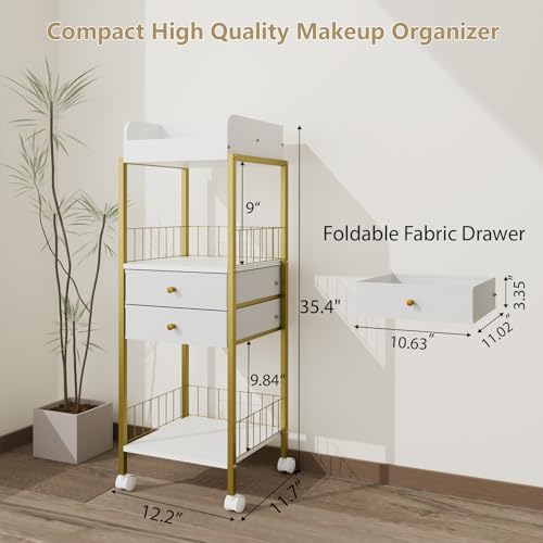 Lurcns Gold Makeup Organizer Cart with Drawers & Wheels - Vanity Storage Solution
