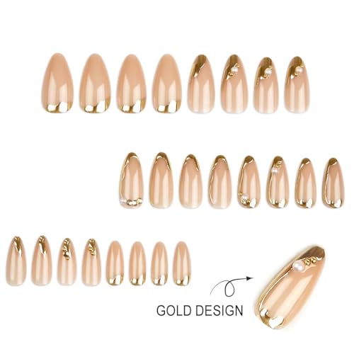 Gold French Tip Almond Press-On Nails - Medium Fake Nails Set (24 Pcs)