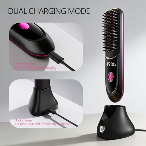 Vonloge Cordless Hair Straightener Brush - USB Rechargeable, Fast Heating, 3 Temperature Settings