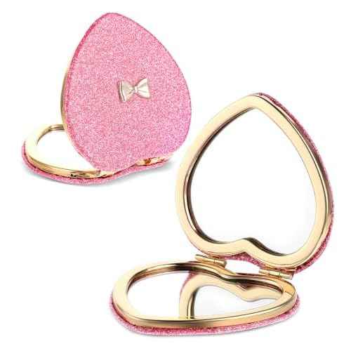 Pink Compact Mirror, Double-Sided Heart Compact Mirror, Magnetic Folding Purse Mirrors Compacts for Girls, Kids, Home Office, Valentine's Day