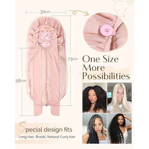 YANIBEST Silk Bonnet for Sleeping Women Satin Lined Braid Bonnet with Breathable Tie Band for Curly Hair Pink