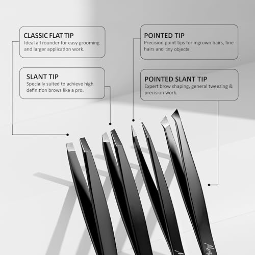 Fiber Tip Eyebrow Tweezers Set for Women & Men, 4 Pcs Professional Stainless Steel Tweezer Kit with Slant, Pointed, Flat & Pointed-Slant Tips for Facial Hair & Eyebrow Removal (Black)