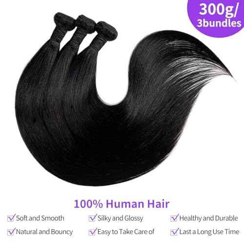 12A Brazilian Straight Bundles Human Hair 20 22 24 Inch 100% Unprocessed Virgin Hair Straight Weave Bundles Human Hair 3 Bundles (300g Natural Black)