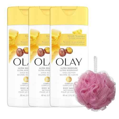 PURPUR Olay Ultra Moisture Body Wash with Shea Butter for Women Loofah Bundle, Travel Size, 3 oz (Pack of 3) Color may vary