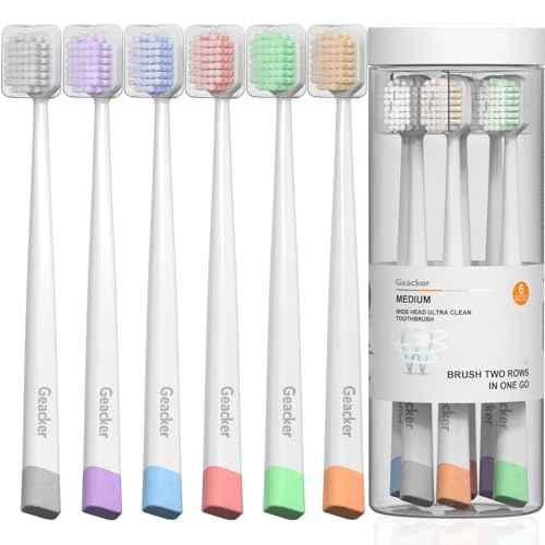 Medium Toothbrushes for Adults with Wide Head and Spiral Bristles, Whitening Toothbrush with Tongue & Cheek Cleaner, Travel Toothbrush with Cover and Canister Packaging, Multi-Color, 6 Count