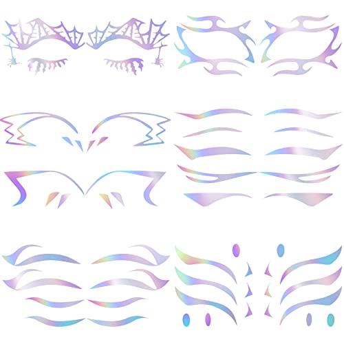 ANCIRS 6 Pack Holographic Stickers for Eye Makeup, Temporary Crystal Face Tattoo Cat Eyebrow Stickers for Halloween Carnival Party Cosplay Music Festival Decoration