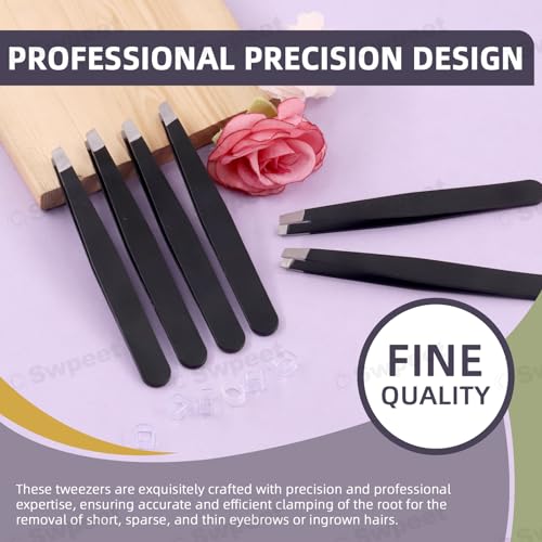 Swpeet 12Pcs 3.79 Inches Black Eyebrow Tweezers Stainless Steel Slant Tip Tweezers Kit, Professional Eyebrow Facial and Hair Remover, Slant Pointed Precision Tweezers Fits for Men and Women