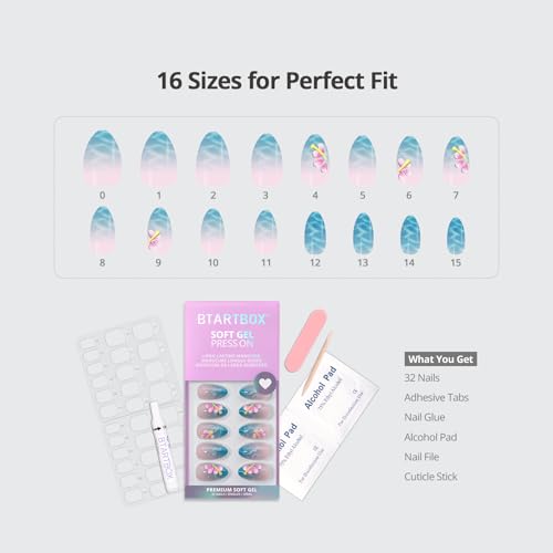 BTArtbox Press On Nails Blue Almond 32ct Kit