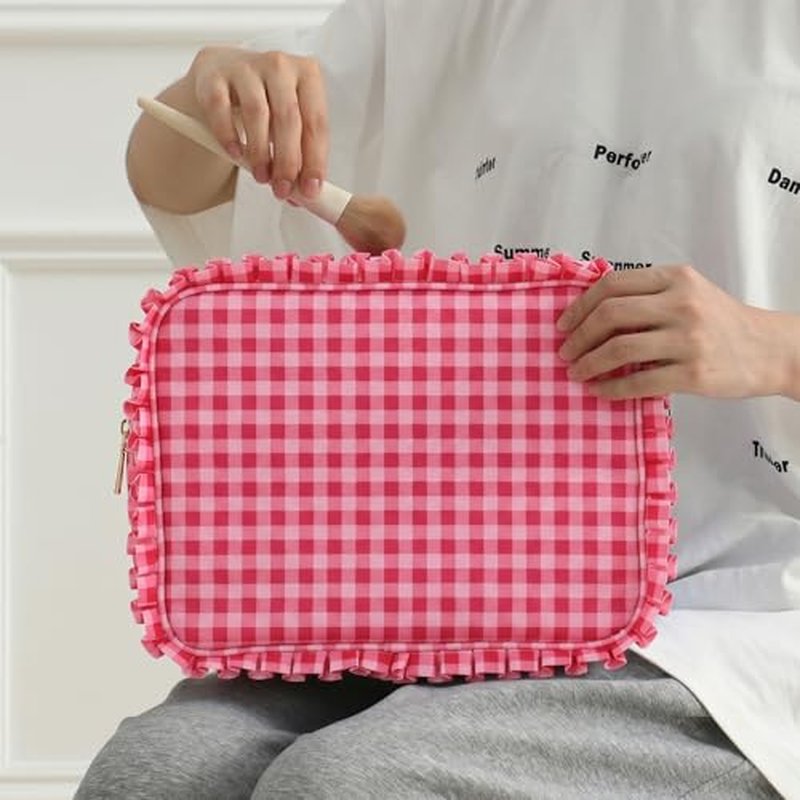 Large Gingham Ruffle Makeup Bag for Women - Travel Cosmetic Organizer