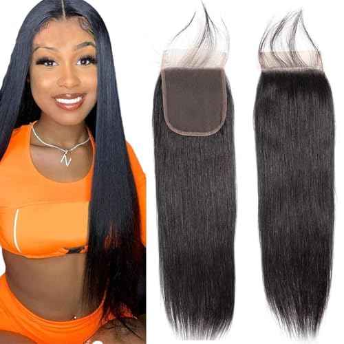 4x4 HD Lace Closure Brazilian Straight Virgin Human Hair Closure Transparent 4X4 Lace Front Closure Human Hair Pre Plucked With Baby Hair for Black Women Natural Color 20 inch