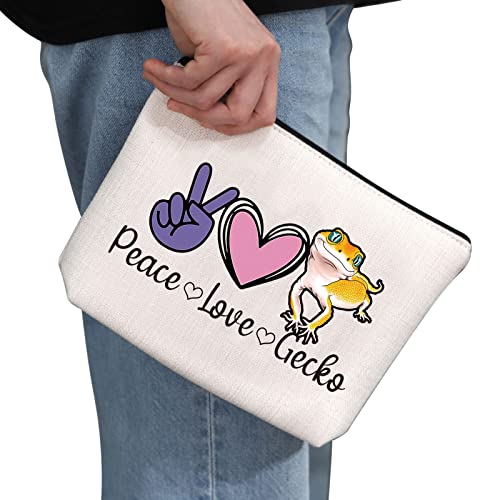 G2TUP Leopard Gecko Lover Gift Peace Love Gecko Makeup Bag Pet Lizard Lover Cosmetic Bag Reptile Gecko Owner Gift Travel Bag with Zipper (Peace Love Gecko White Bag)