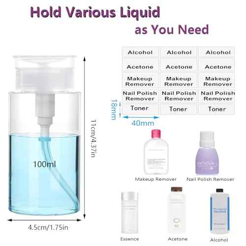 Push Down Pump Dispenser, 3.4oz Clear Pump Bottles with Alcohol, Acetone, Nail Polish Remover, Makeup Remover, Toner Stickers Empty Push Top Container for Liquid (100ml-2Pack)
