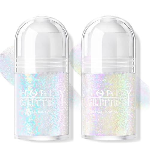 2 Colors Roll-on Body Glitter Gel, Holographic Glitter Gel Under Light for Face Hair, Body Shimmer for Rave Accessories Christmas New Year Halloween Makeup (Golden Ocean+Neon Violet)