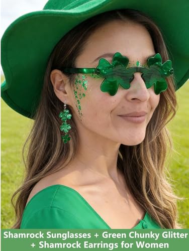 St Patricks Day 3-Piece Set - Green Glitter, Shamrock Earrings & Sunglasses