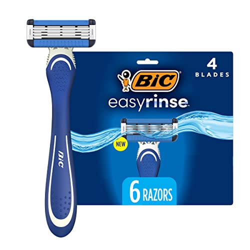 BIC EasyRinse Anti-Clogging Men's Disposable Razors for a Smoother Shave With Less Irritation*, Easy Rinse Shaving Razors With 4 Blades, 6 Count