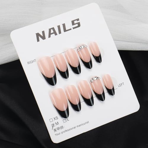 Black French Tip Press On Nails Medium Almond 24Pcs