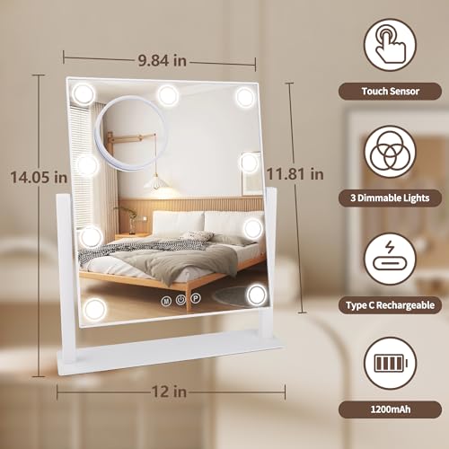 Lighted Makeup Mirror with 9 LEDs & 10X Magnification, Touch Control