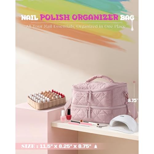 Quilted Nail Polish Organizer Bag Holds 42 Bottles and Nail Lamp, Nail Polish Storage Case with Crossbody Straps and Multiple Pockets, Pink