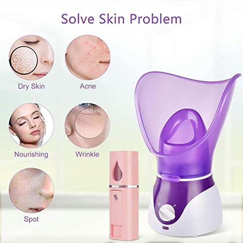 Facial Steamer - Nano Ionic Face Steamer for Deep Cleaning, Hot Mist Face Humidifier Set for Women & Men, Moisturizing Cleansing Pores with Blackhead Remover Kit, Purple