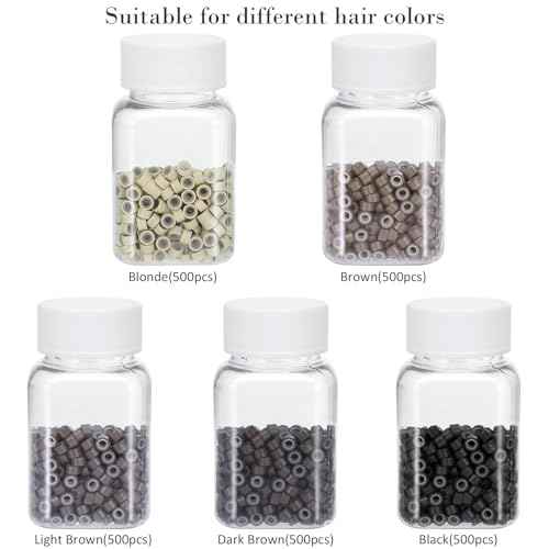 Hair Extension Tools Kit, 2500 Silicone Lined Micro Rings, 1 Plier, 1 Comb, 1 Threader, 1 Crochet Hook, 10 Curved Hair Needle, 5 Metal Hair Clips, 5 Rolls Sewing Threads, 1000 Mini Rubber Bands