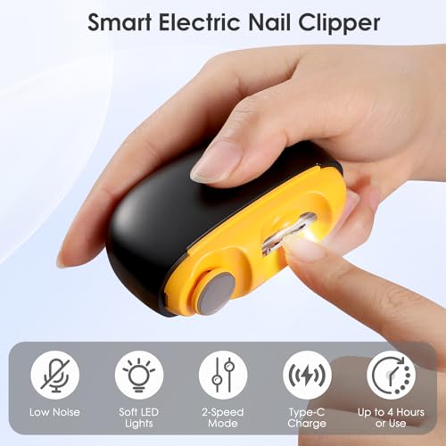 Electric Nail Clipper - 2 in 1 Smart Electric Nail Clippers for Seniors, Adults, Baby, Children, Polishing Clipper with LED Light, 2 Adjustable Speeds, USB Rechargeable Electric Nail Trimmer (Black)