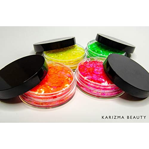 KARIZMA Neon Nights! 4X 10g Chunky Face Glitter, Hair, Eye and Body for Women and Men. Rave Festival Accessories and Cosmetic Makeup. Loose Pots