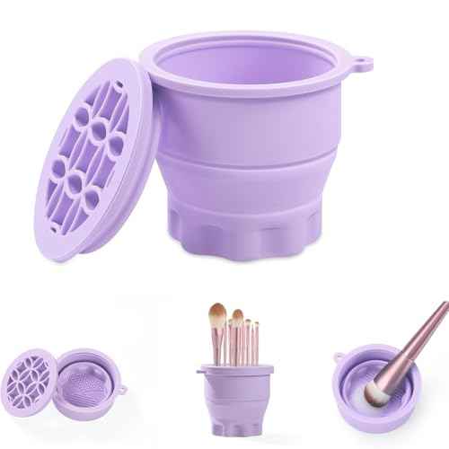 WantGor Makeup Brush Cleaner Mat with Brush Storage Holder, 3 in 1 Foldable Silicone Bowl Cosmetic Brushes Cleaning Pads Tool for Makeup Brush, Makeup Sponge, Powder Puff (Purple)