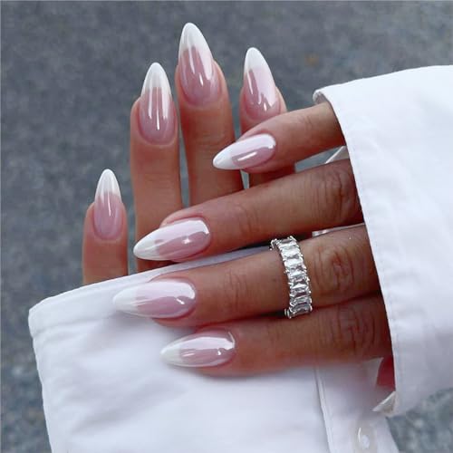 Medium Almond Press On Nails - French Tip Chrome Design False Nails Kit (24Pcs)