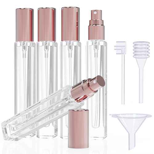 5PCS Cologne Atomizer Empty, 10ML Mini Perfume Bottles Refillable With Dispenser Tools, Pocket Spray Bottle for Travel and Sample Container (Transparent+Pink Cap)